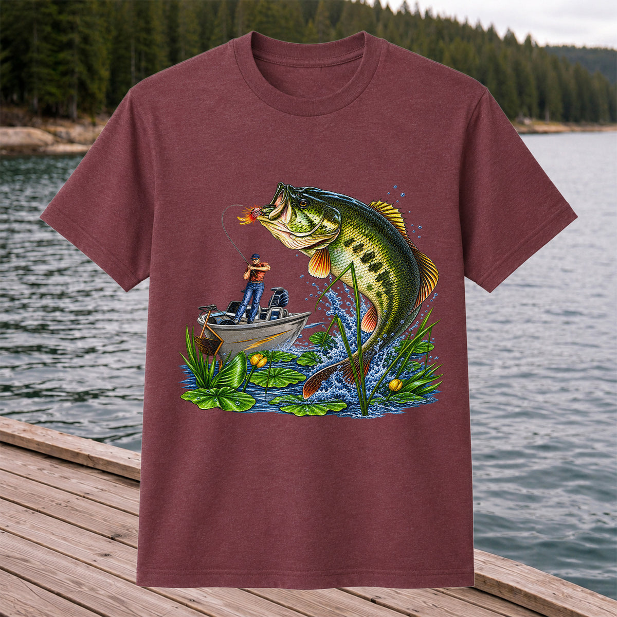 Largemouth Bass Leaping Beside Fishing Boat Graphic T-Shirt
