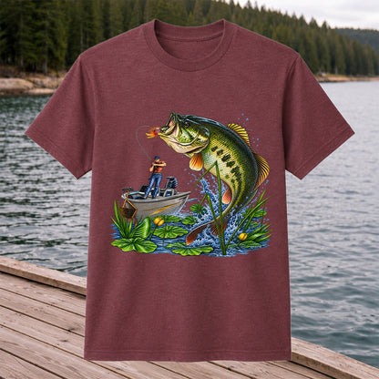 Largemouth Bass Leaping Beside Fishing Boat Graphic T-Shirt