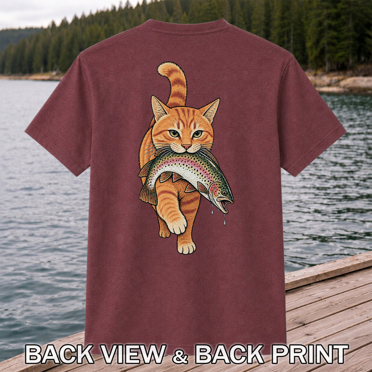 Cat Holding Trout Funny Fishing Graphic T-Shirt | Back Print