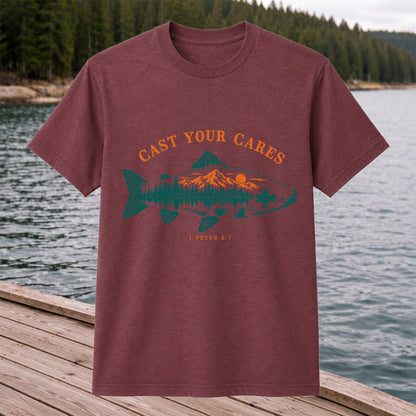 Cast Your Cares 1 Peter 5:7 Fish Silhouette Mountain Lake Fishing T-Shirt