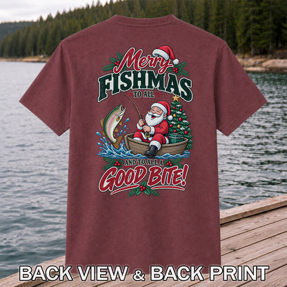 Merry Fishmas to All and to All a Good Bite Santa Trout Fishing Christmas T-Shirt | Back Print