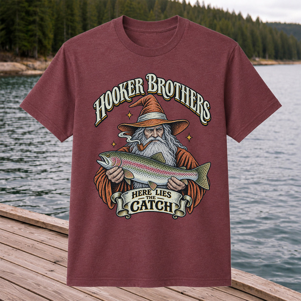 Hooker Brothers Here Lies the Catch Wizard Trout Fishing T-Shirt