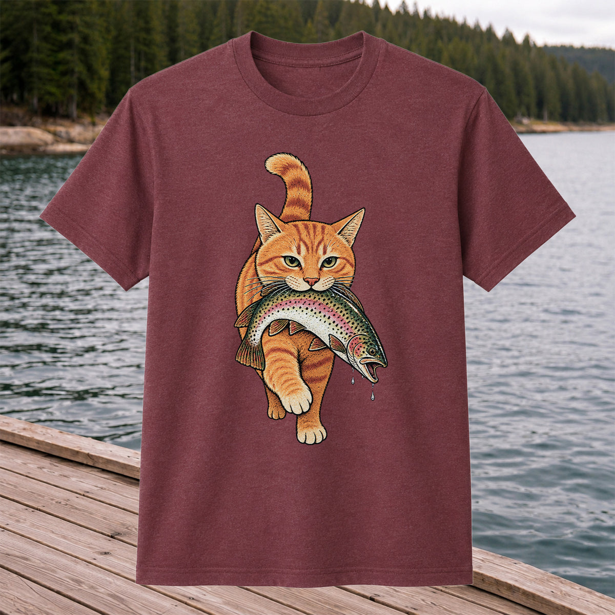 Cat Holding Trout Funny Fishing Graphic T-Shirt