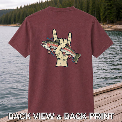 Rainbow Trout Rock On Hand Gesture Fishing Graphic T-Shirt | Back Print
