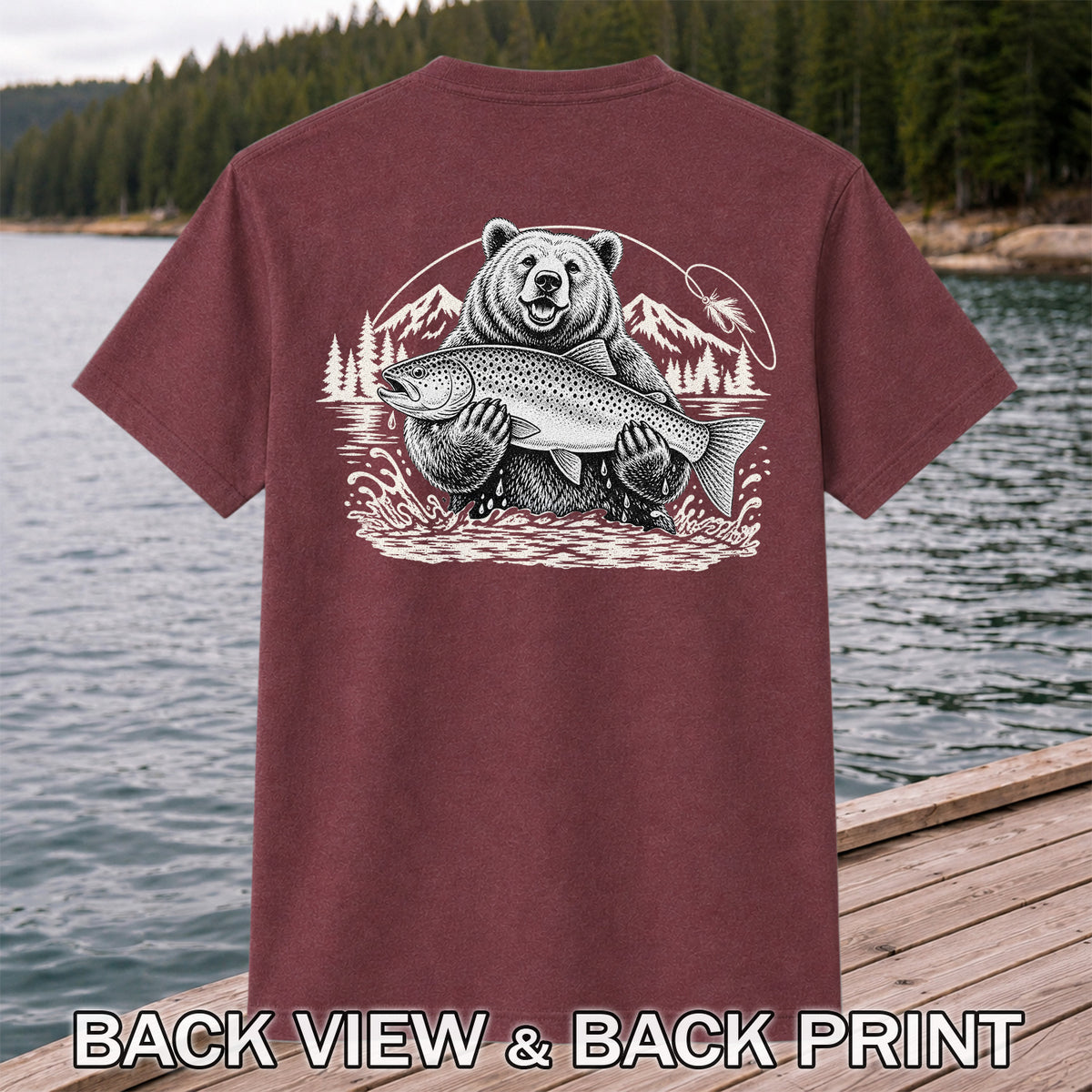 Bear Holding Trout in Mountain Lake Fishing Graphic T-Shirt | Back Print