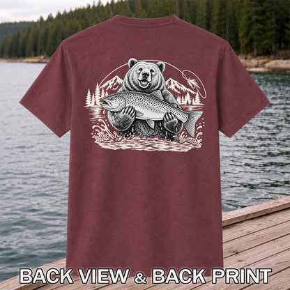 Bear Holding Trout in Mountain Lake Fishing Graphic T-Shirt | Back Print