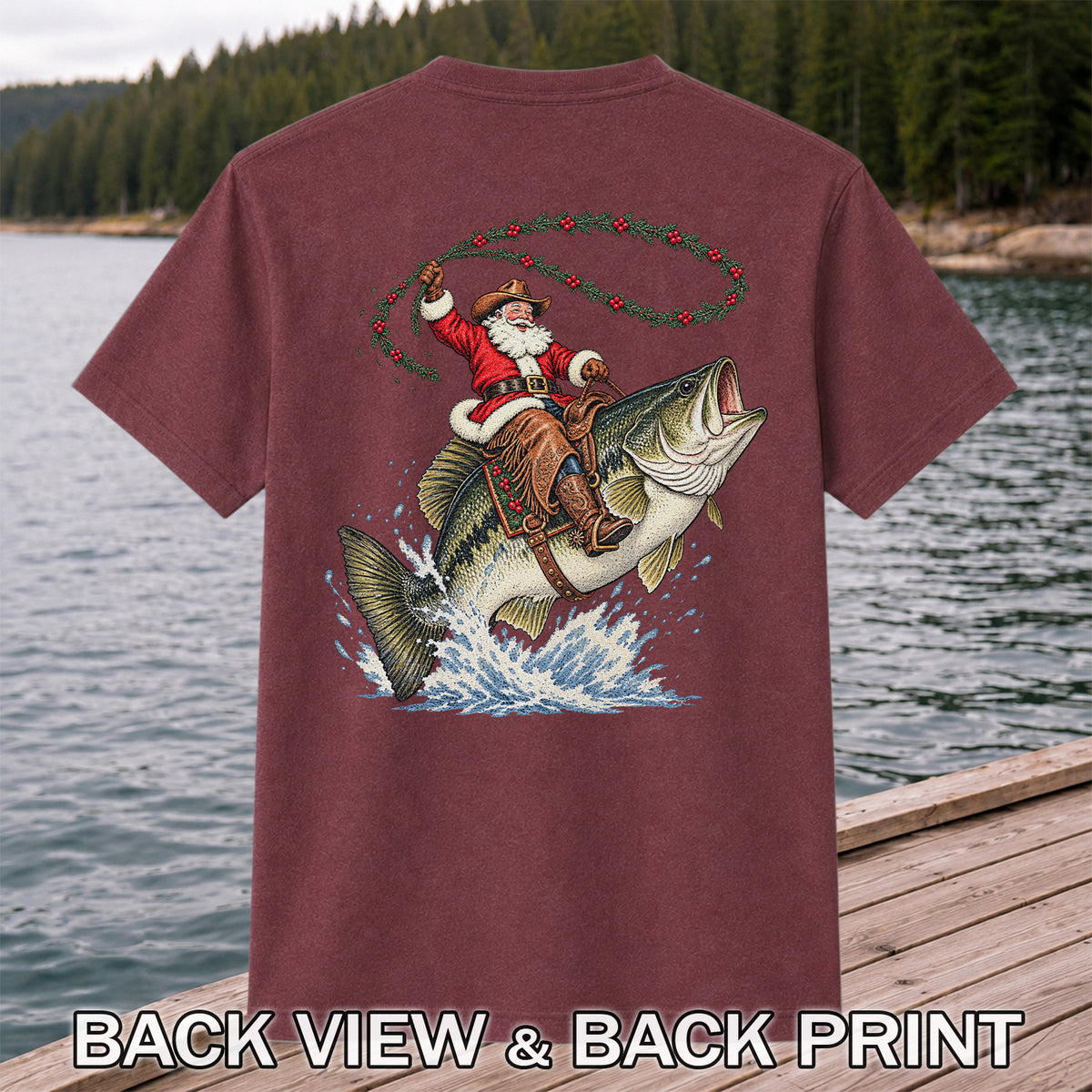 Cowboy Santa Riding a Jumping Bass Christmas Fishing Graphic T-Shirt | Back Print