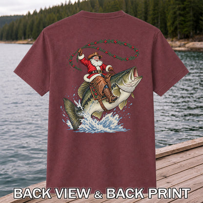 Cowboy Santa Riding a Jumping Bass Christmas Fishing Graphic T-Shirt | Back Print