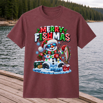 Merry Fishmas Gone Fishing Snowman and Rainbow Trout Ice Fishing Christmas T-Shirt