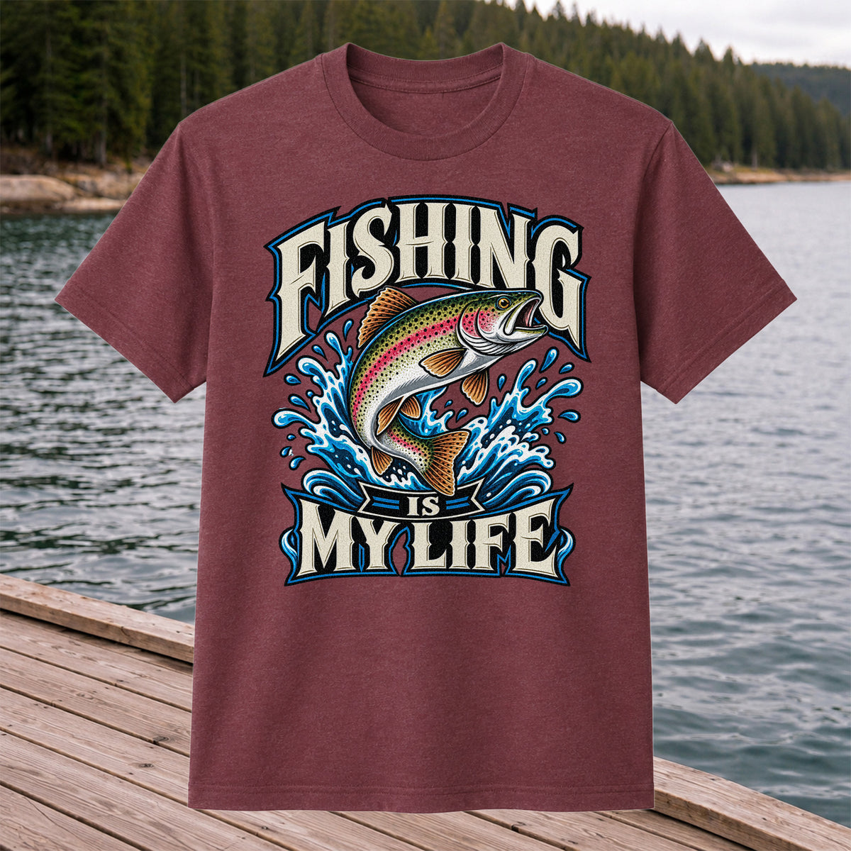 Fishing Is My Life Jumping Rainbow Trout Graphic T-Shirt