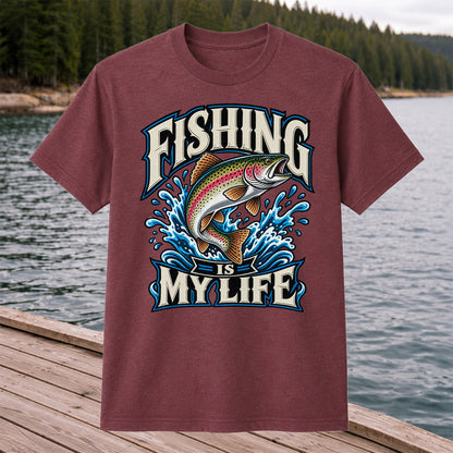 Fishing Is My Life Jumping Rainbow Trout Graphic T-Shirt