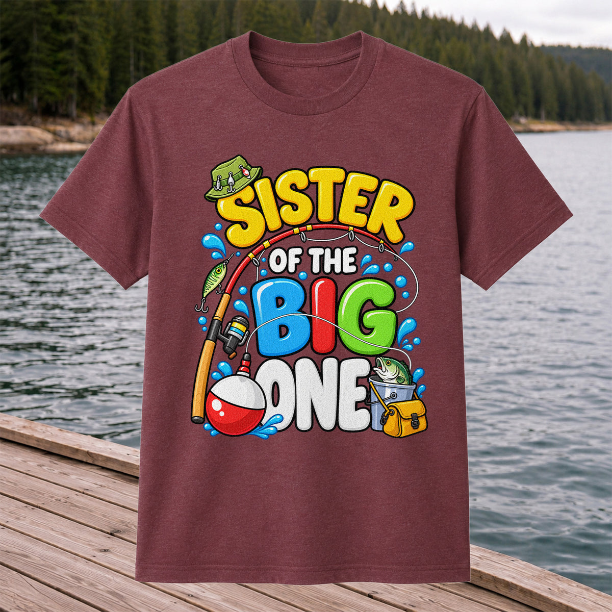 Sister of the Big One Fishing Birthday T-Shirt with Fish and Bobber