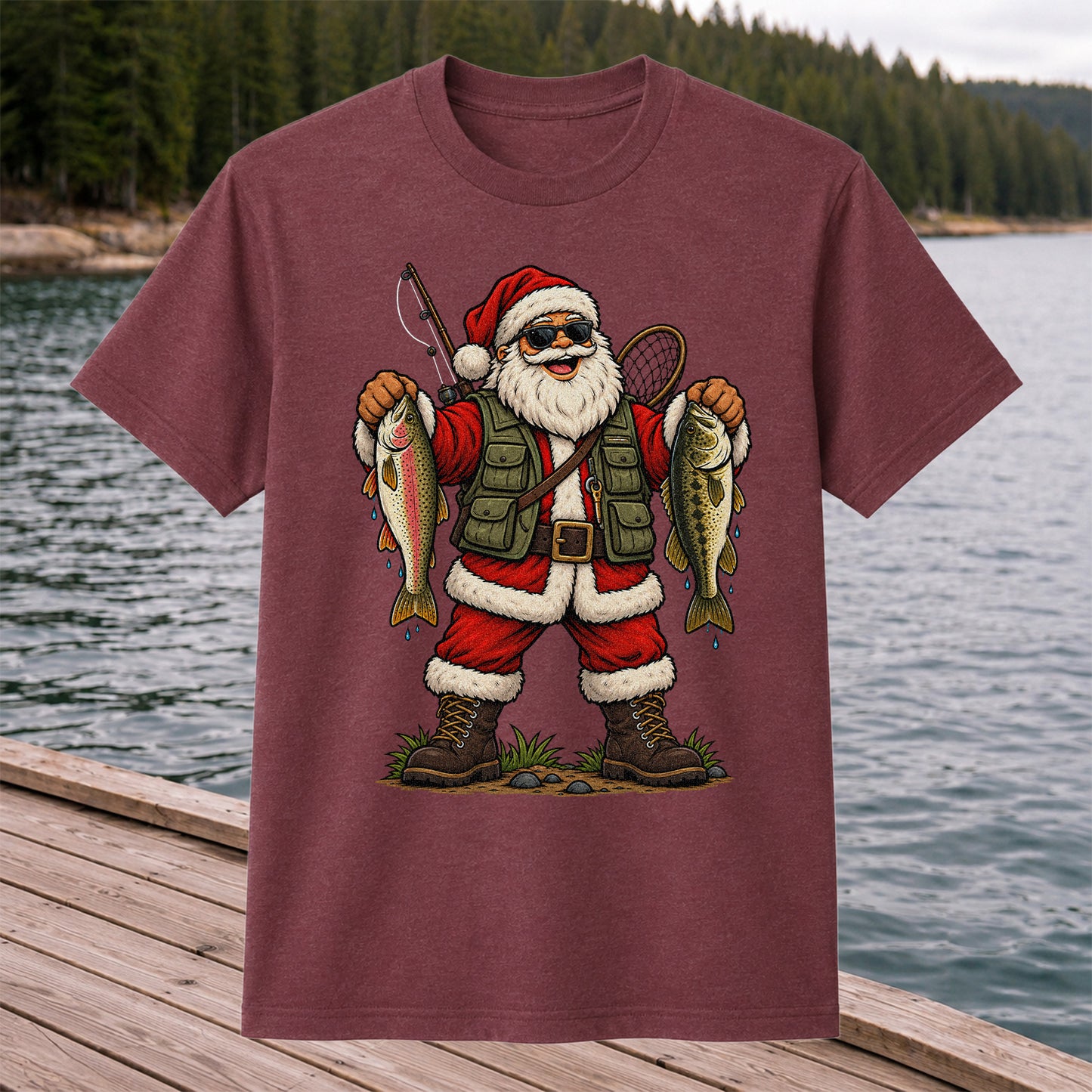 Santa Holding Rainbow Trout and Bass Christmas Fishing Graphic T-Shirt