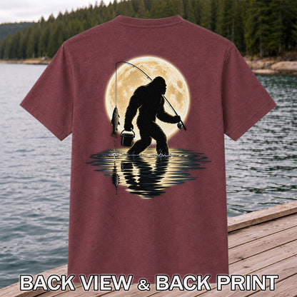 Bigfoot Fishing Under a Full Moon Graphic T-Shirt | Back Print