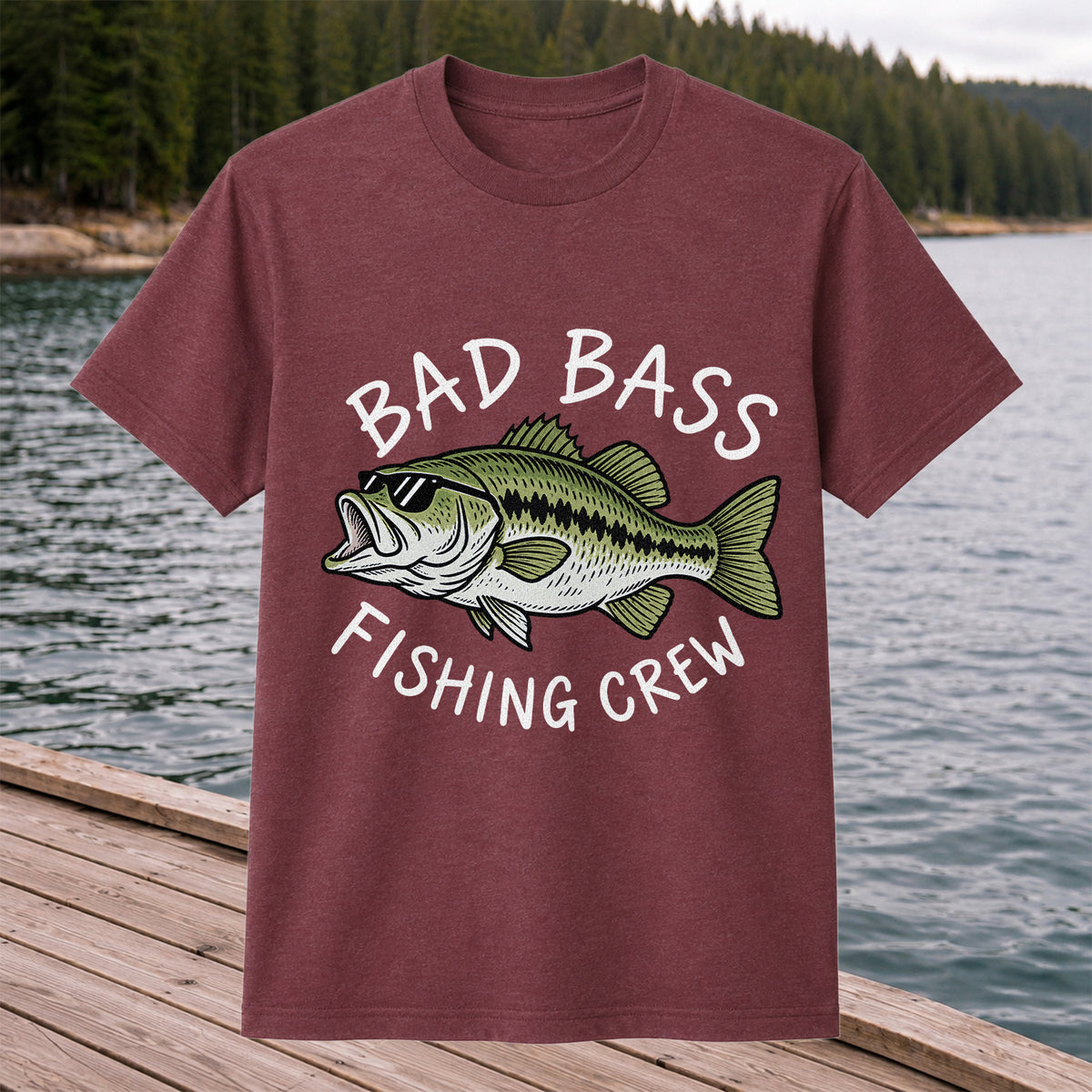 Bad Bass Fishing Crew Funny Graphic T-Shirt