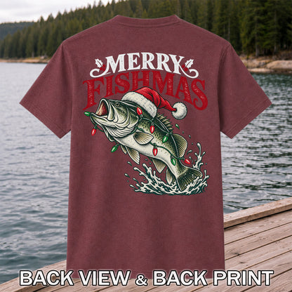 Christmas Bass Fishing Graphic T-Shirt with Santa Hat | Back Print