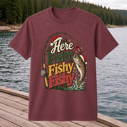 Here Fishy Fishy Fishy Christmas Rainbow Trout Fishing T-Shirt