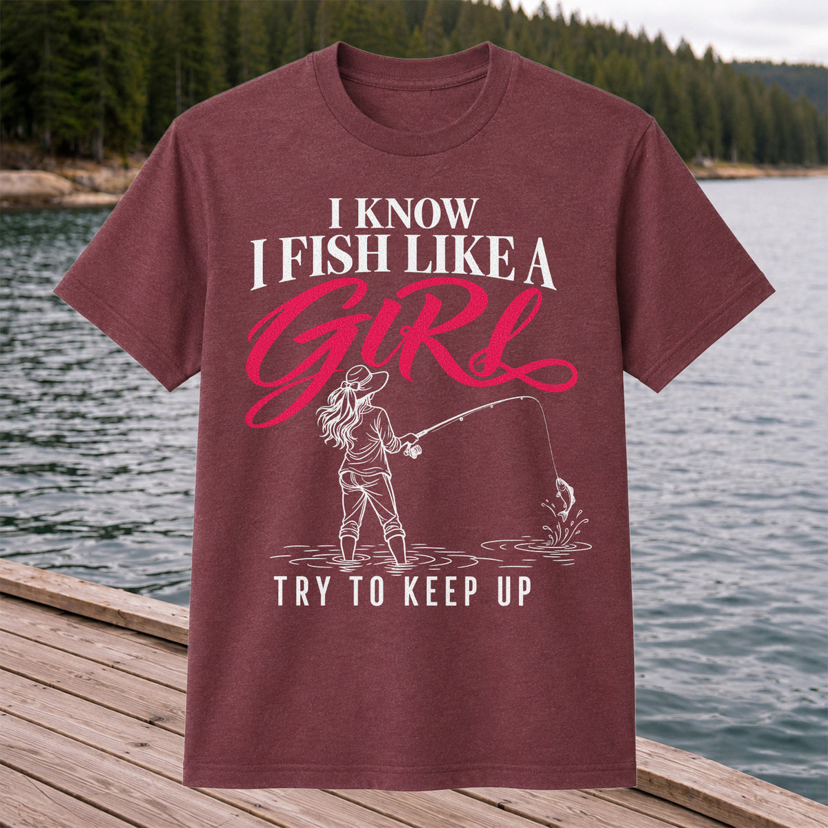 Funny Woman Fishing Graphic T-Shirt with Line Art Design