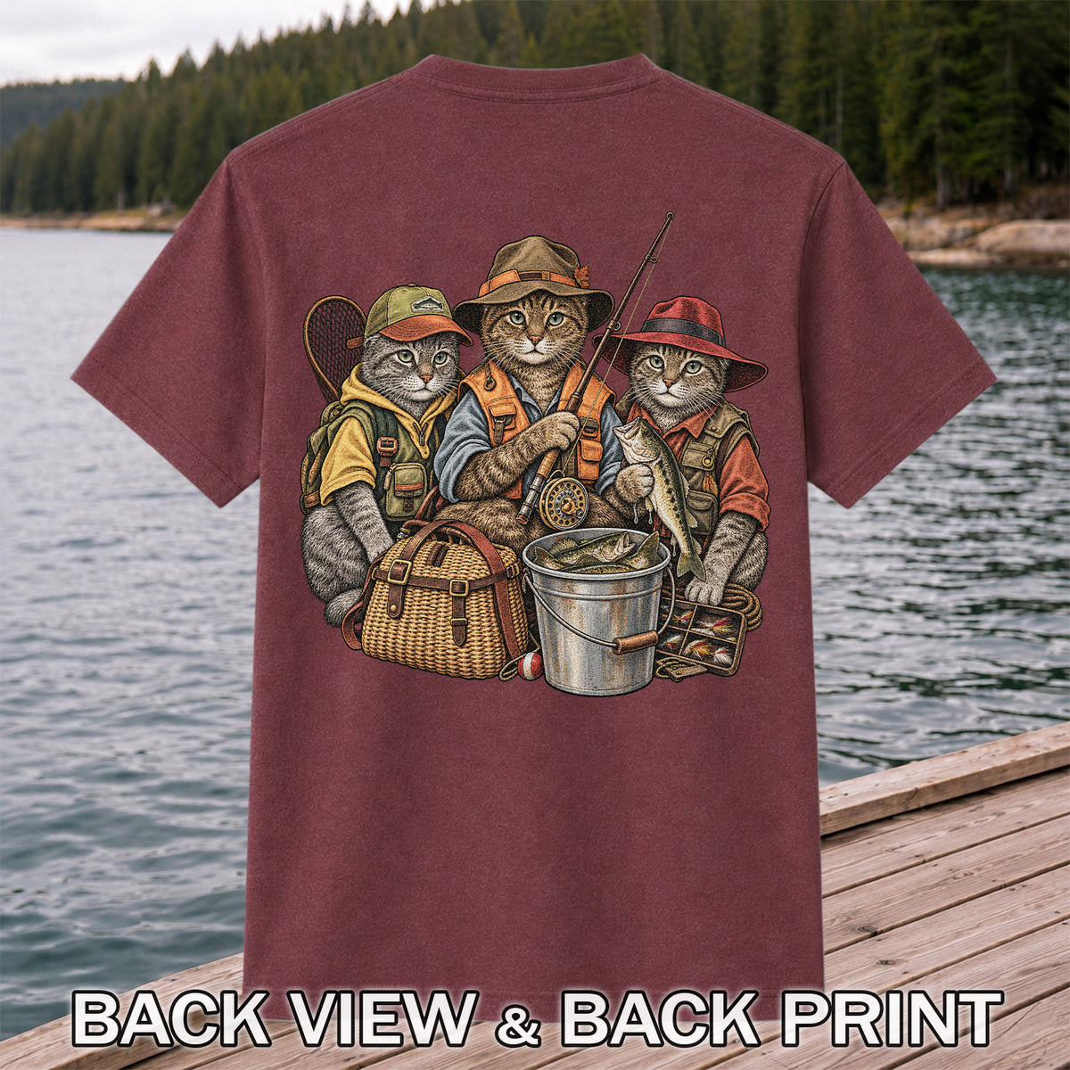 Three Fishing Cats with Rod and Catch Vintage Graphic T-Shirt | Back Print