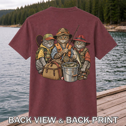 Three Fishing Cats with Rod and Catch Vintage Graphic T-Shirt | Back Print
