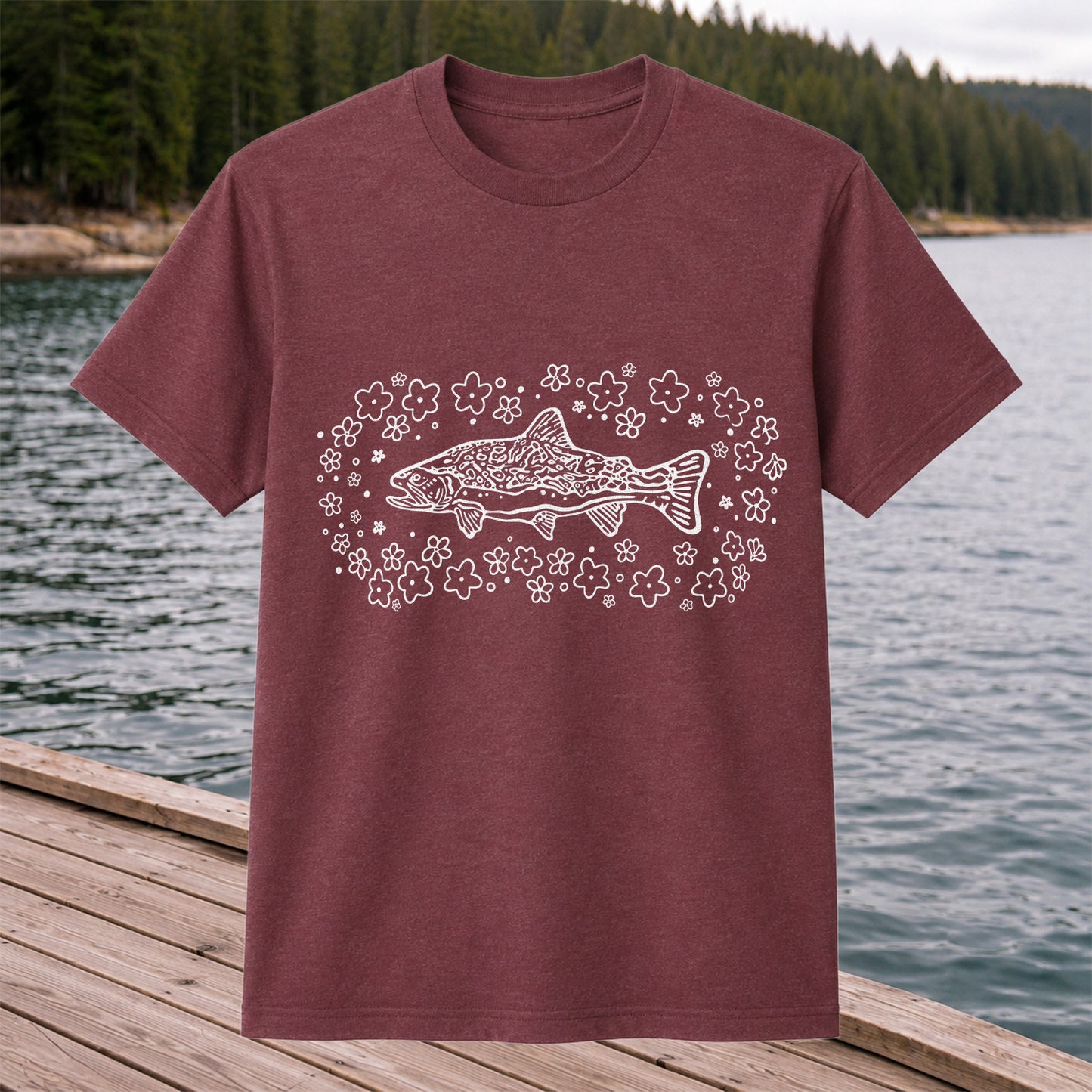 Brown Trout Surrounded by Wildflowers Fishing Graphic T-Shirt