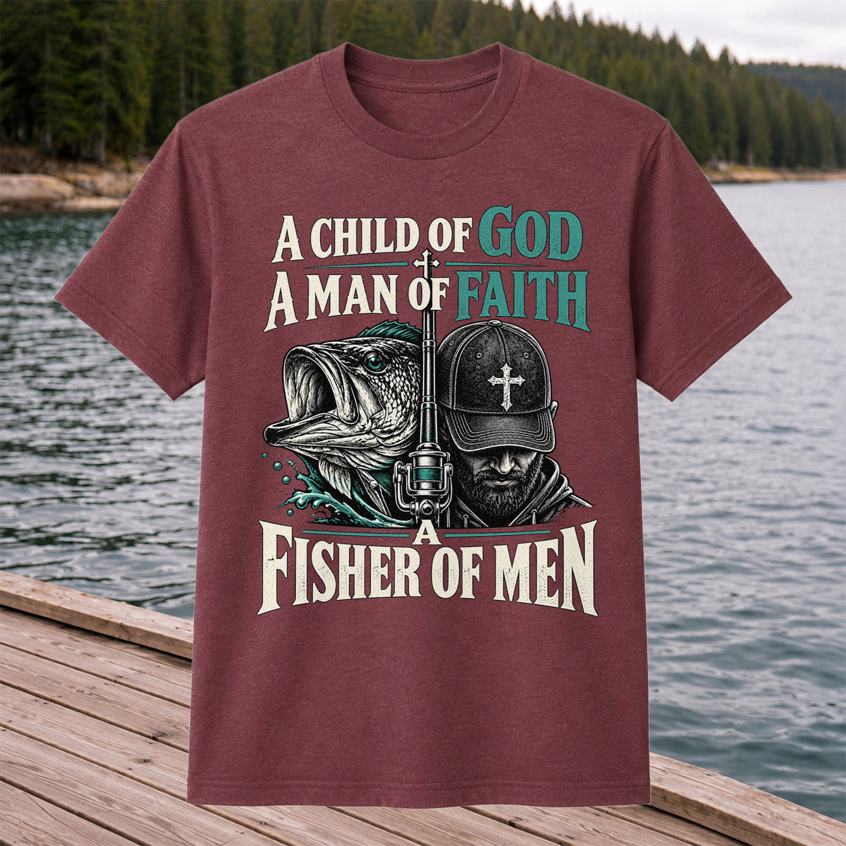 A Child of God A Man of Faith A Fisher of Men Bass Fishing T-Shirt