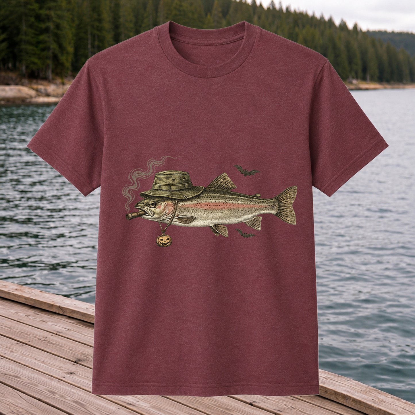 Halloween Trout in Fishing Hat with Pumpkin Charm Graphic T-Shirt