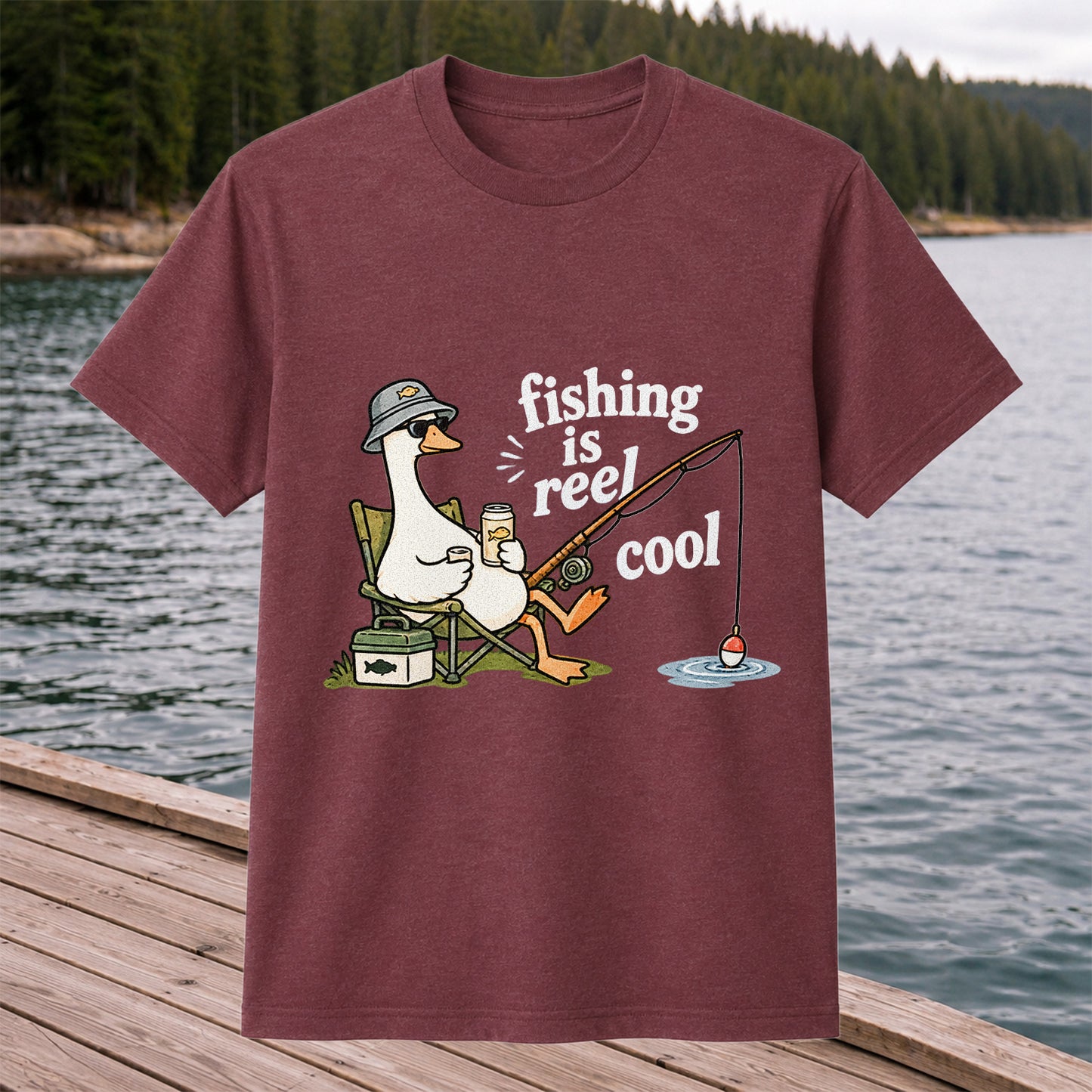 Fishing Is Reel Cool Funny Fishing Goose Graphic T-Shirt