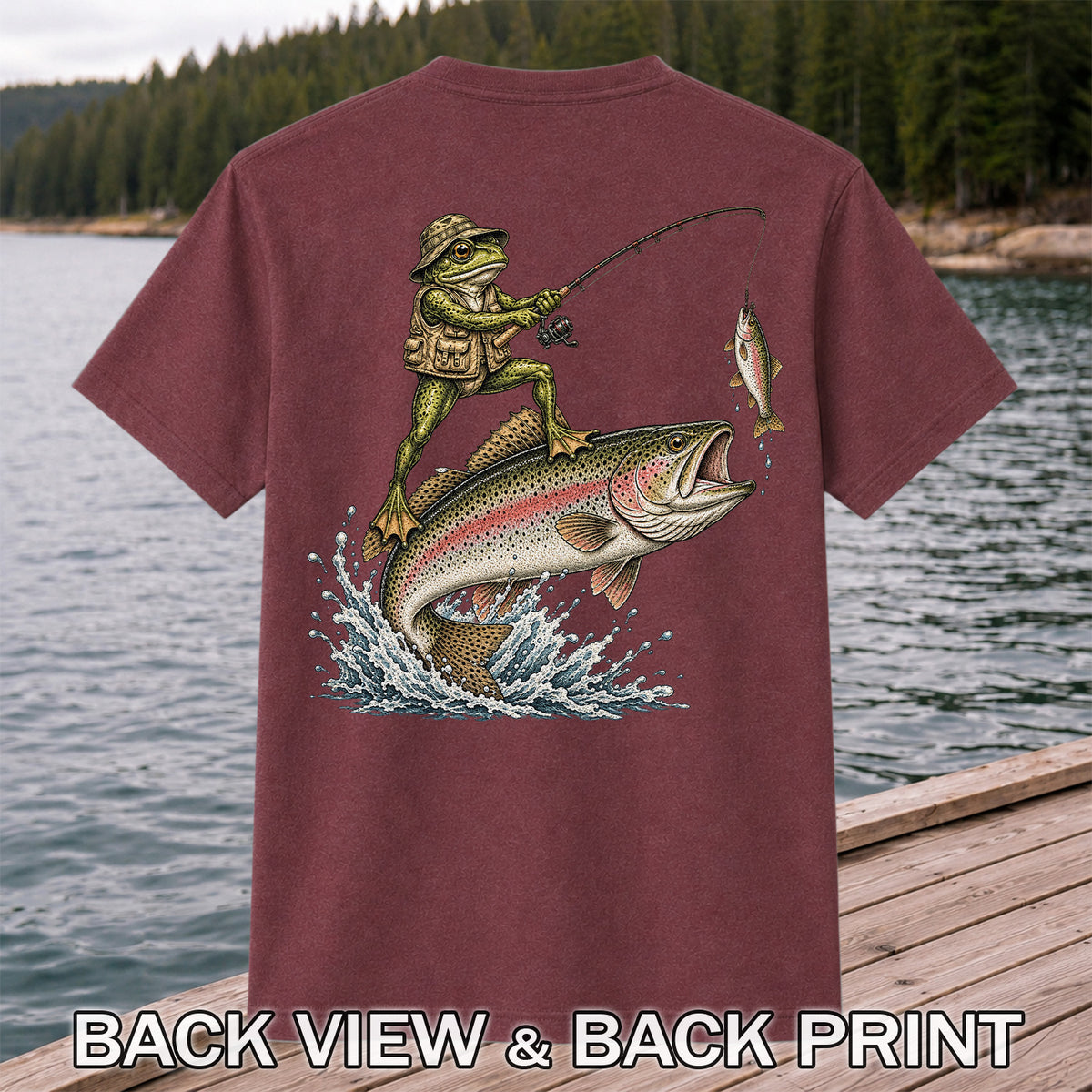 Frog Angler Riding a Rainbow Trout Fishing Graphic T-Shirt | Back Print