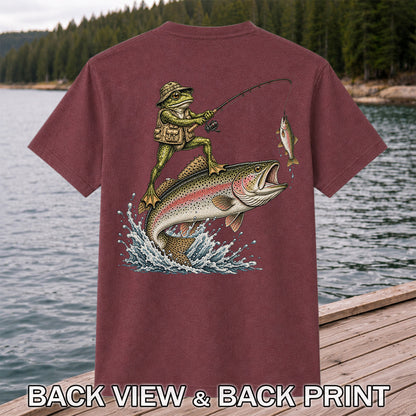 Frog Angler Riding a Rainbow Trout Fishing Graphic T-Shirt | Back Print