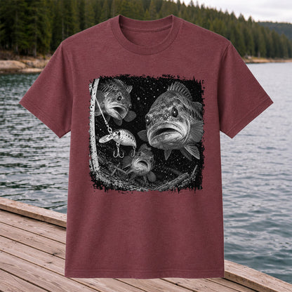 Vintage Bass Fishing Graphic T-Shirt with Underwater Fish Artwork