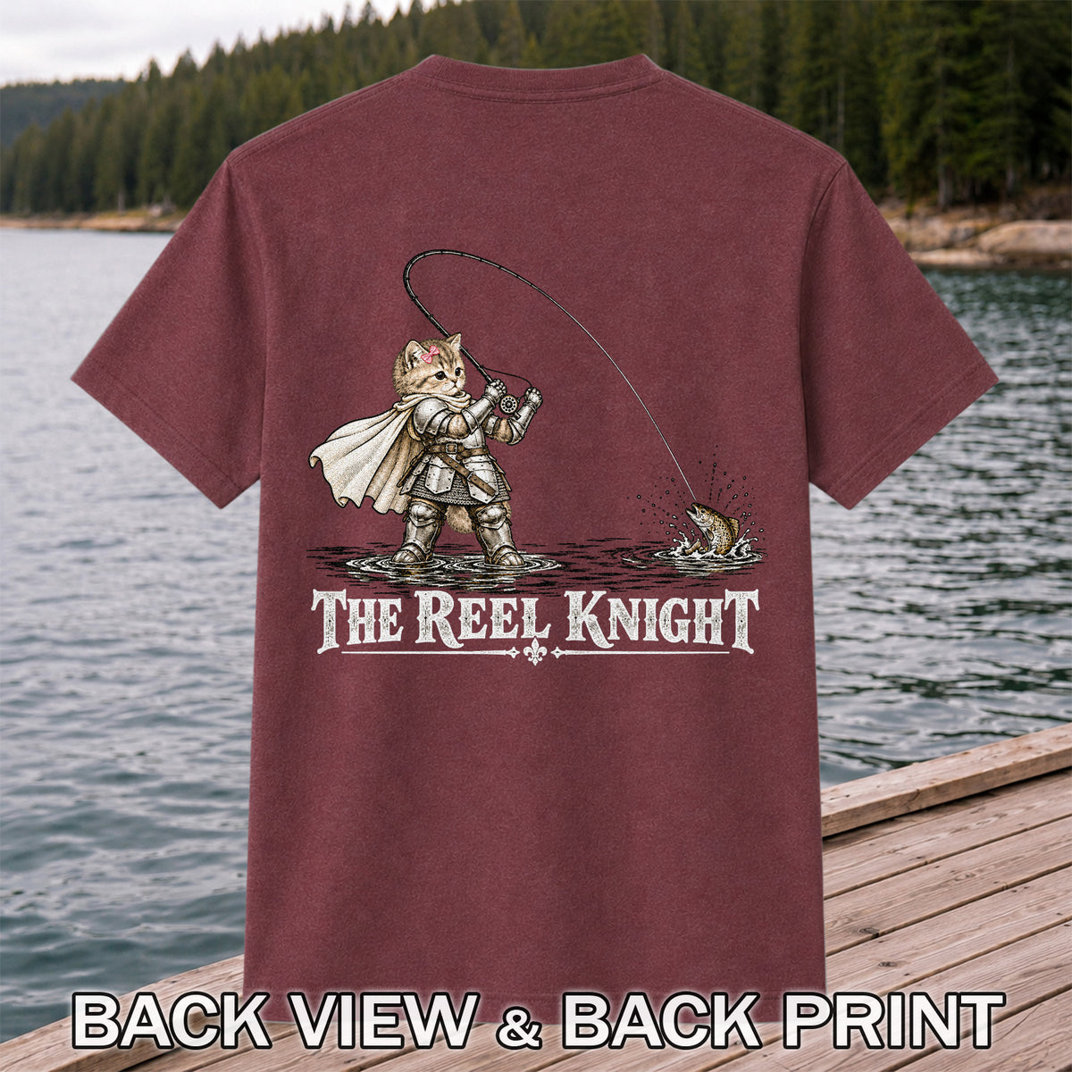 The Reel Knight Cat in Armor Funny Fishing Graphic T-Shirt | Back Print