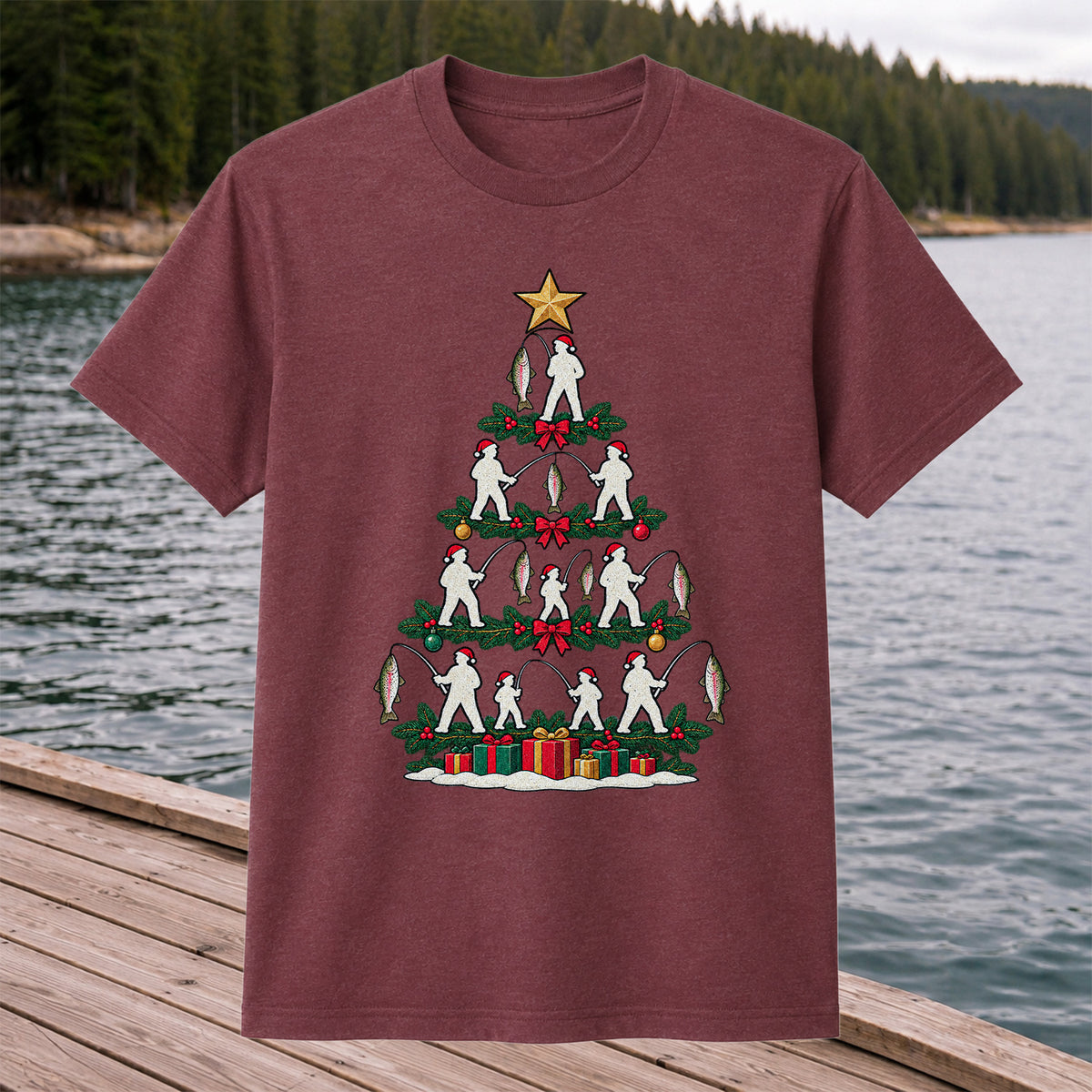 Christmas Tree with Anglers and Rainbow Trout Fishing Graphic T-Shirt