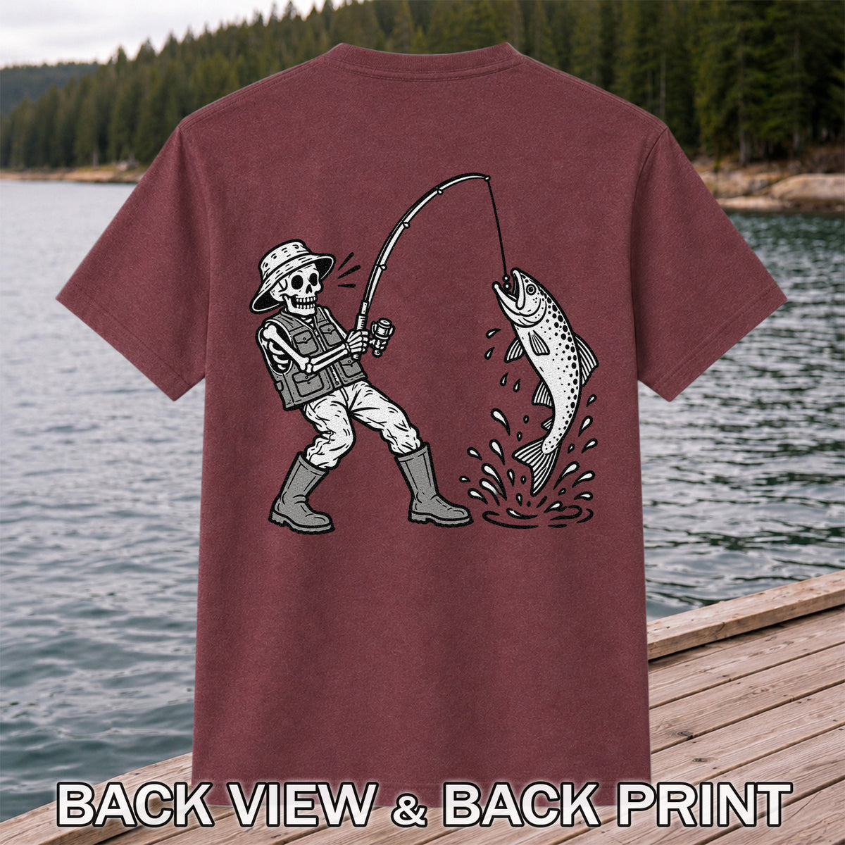 Skeleton Angler Catching a Leaping Trout Fishing Graphic T-Shirt | Back Print