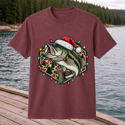 Santa Hat Largemouth Bass Christmas Fishing Graphic T-Shirt