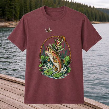 Frog Riding a Rainbow Trout Fishing Graphic T-Shirt