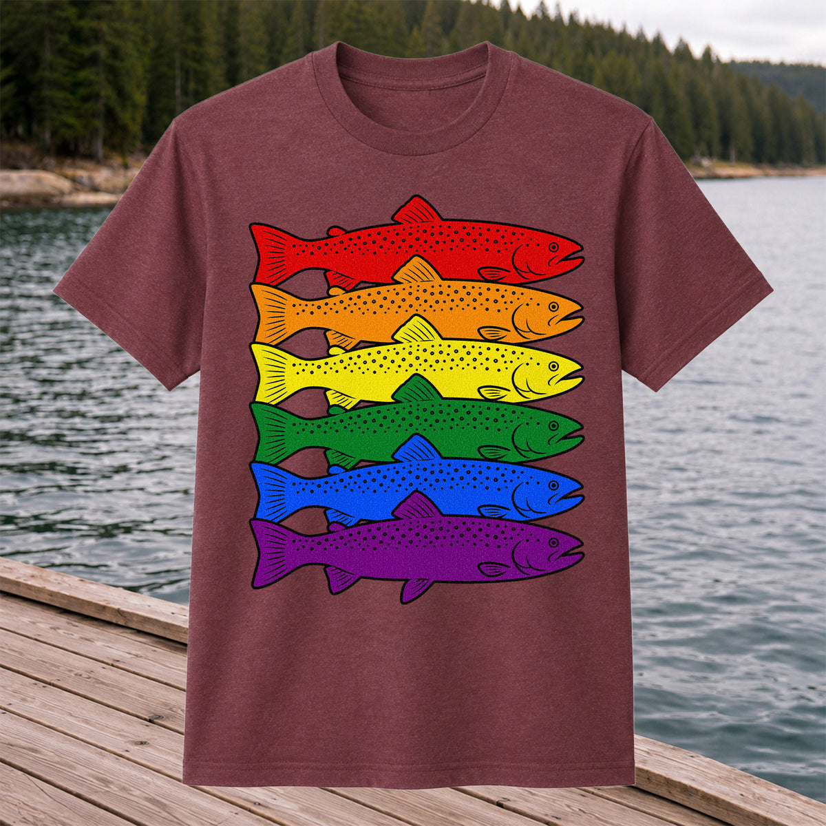 Rainbow Colored Trout Stack Fishing Graphic T-Shirt