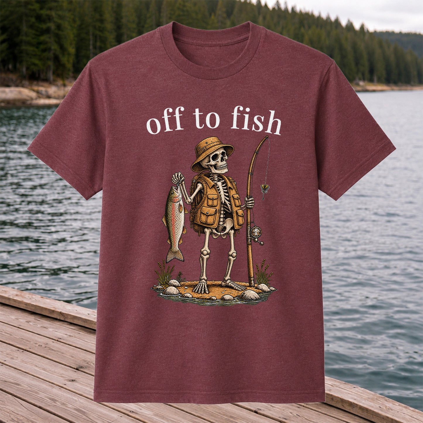Off to Fish Skeleton Angler Funny Fishing T-Shirt