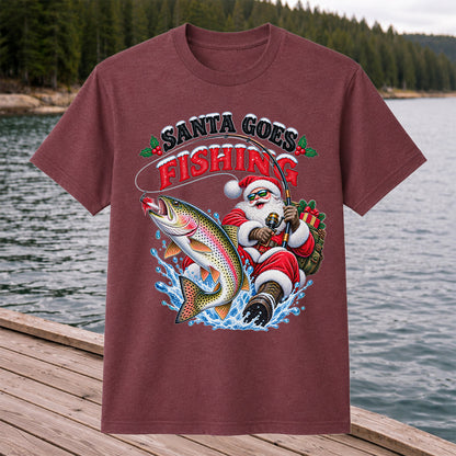 Santa Goes Fishing Rainbow Trout Christmas Graphic T-Shirt