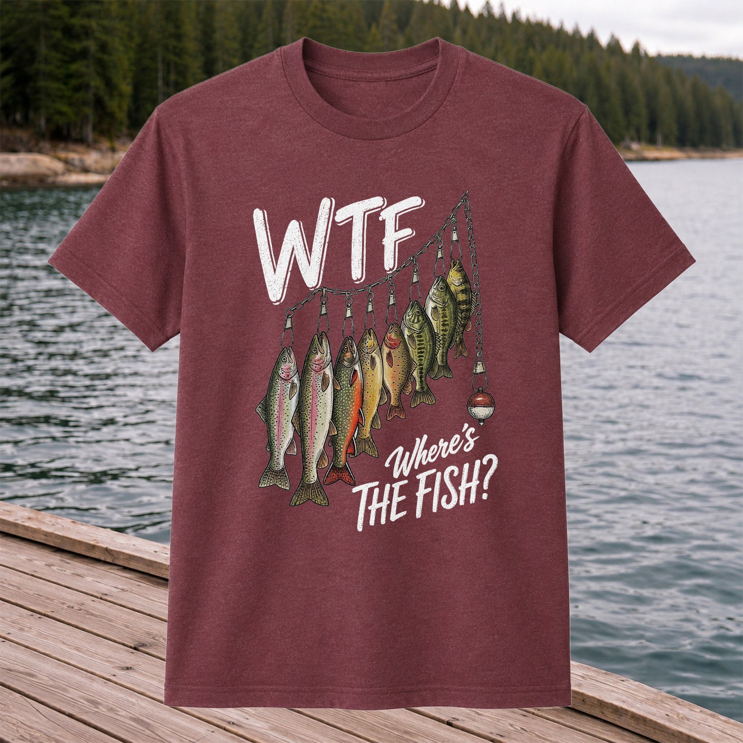 WTF Where's the Fish Trout and Bass Stringer Funny Fishing T-Shirt