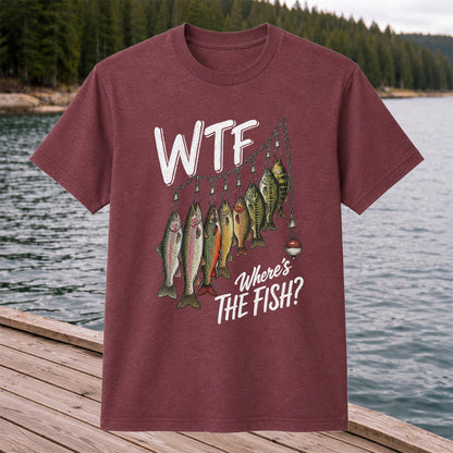 WTF Where's the Fish Trout and Bass Stringer Funny Fishing T-Shirt