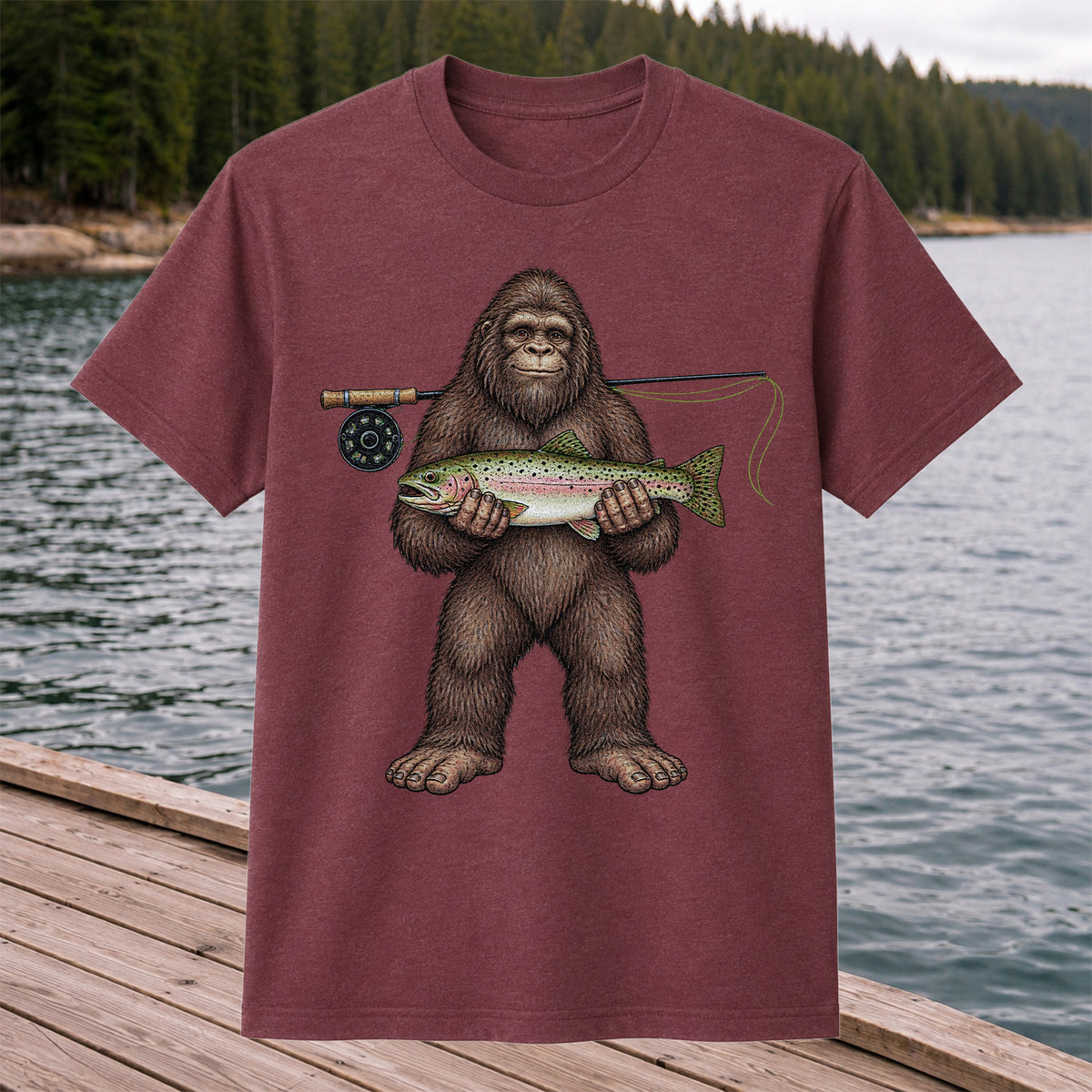 Bigfoot Holding Rainbow Trout Fly Fishing Graphic T-Shirt