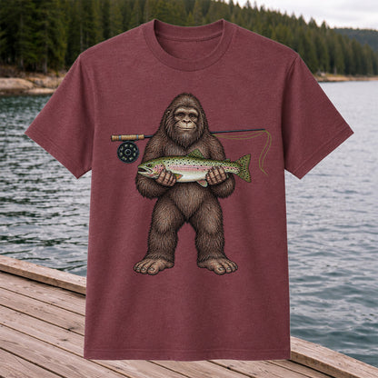 Bigfoot Holding Rainbow Trout Fly Fishing Graphic T-Shirt