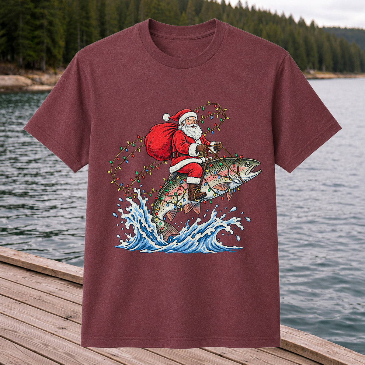 Santa Riding a Christmas-Lighted Rainbow Trout Fishing Graphic T-Shirt