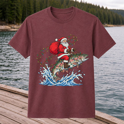 Santa Riding a Christmas-Lighted Rainbow Trout Fishing Graphic T-Shirt