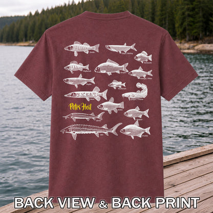German Freshwater Fish Species Chart Fishing Graphic T-Shirt | Back Print