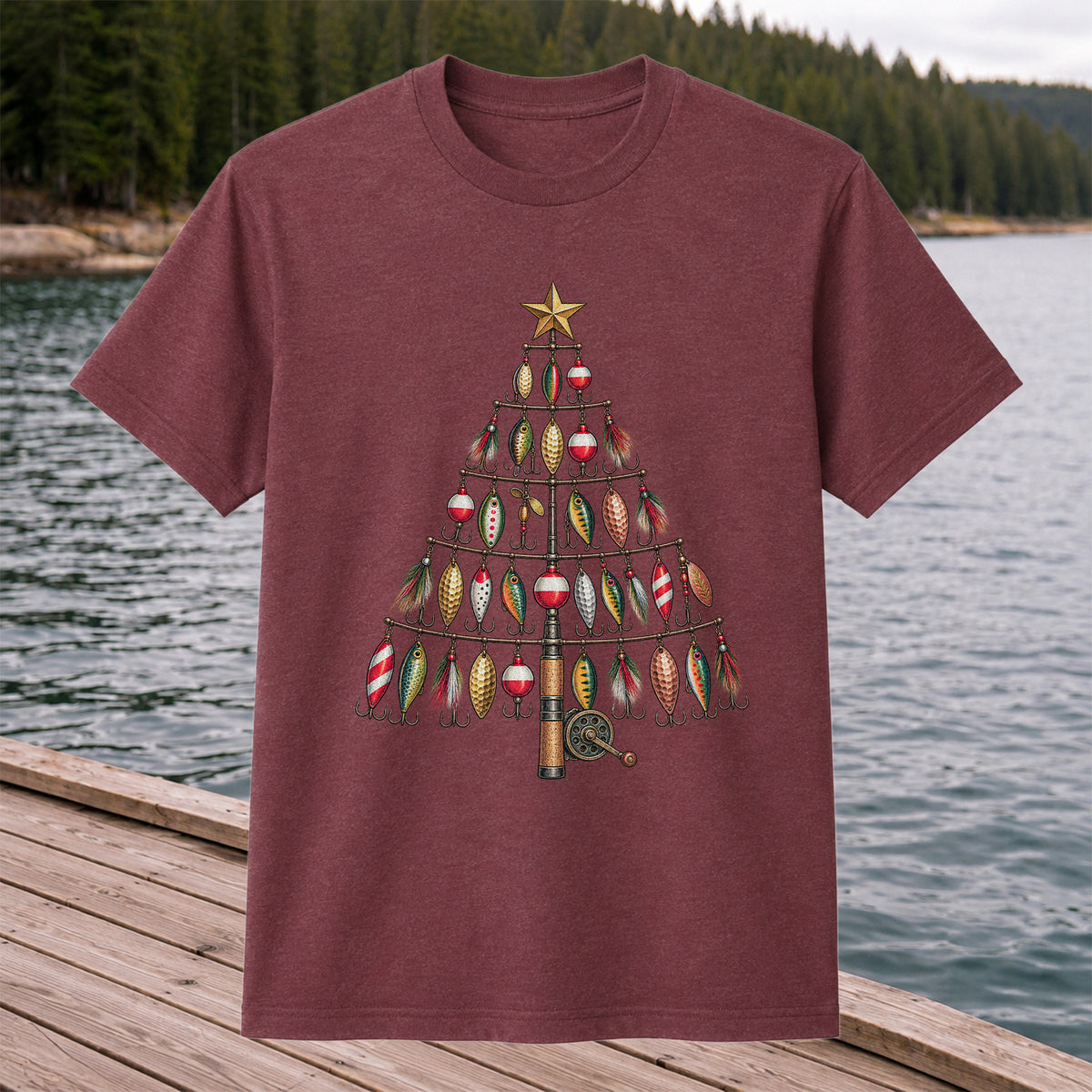 Fishing Lure Christmas Tree with Rod and Reel Graphic T-Shirt