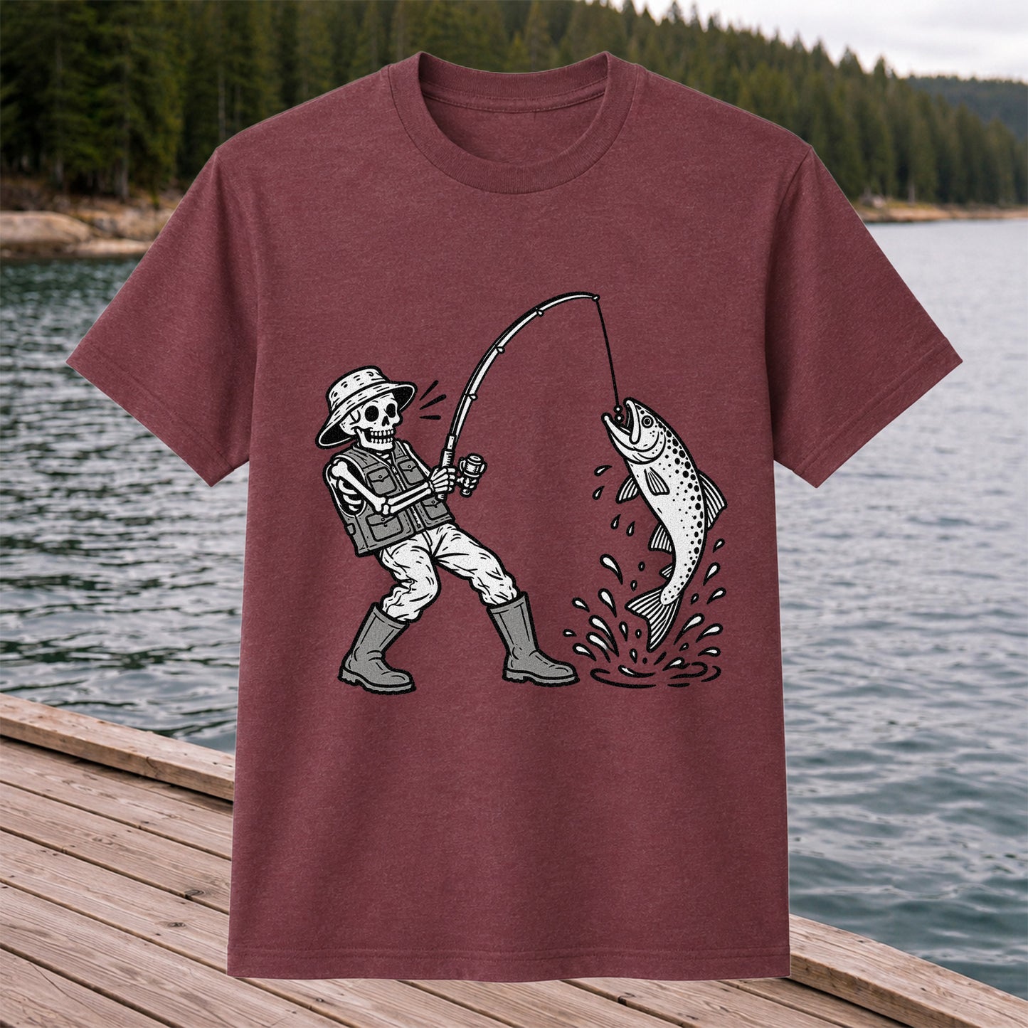 Skeleton Angler Catching a Trout Fishing Graphic T-Shirt