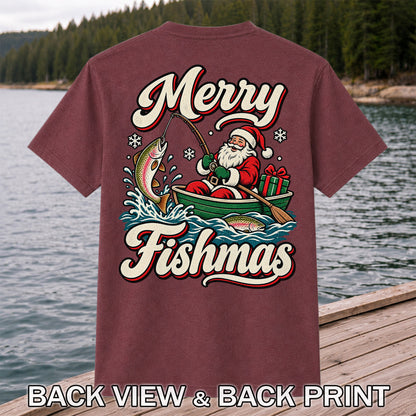 Merry Fishmas Santa Catching Rainbow Trout in a Boat Fishing T-Shirt | Back Print