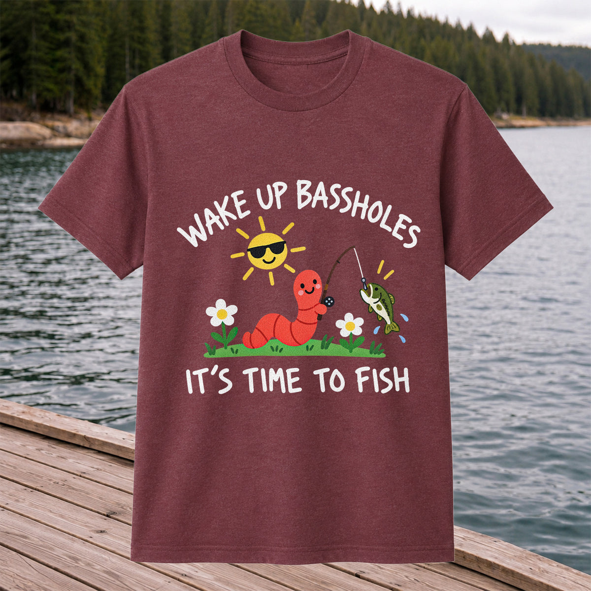 Wake Up Bassholes Funny Worm and Bass Fishing Graphic T-Shirt